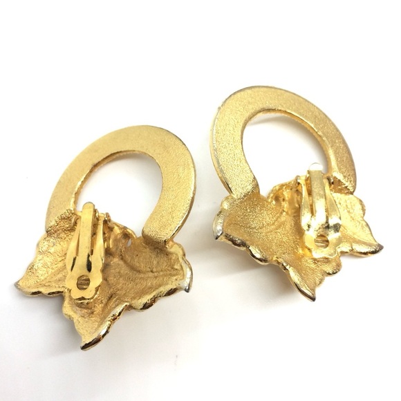 VINTAGE 80S 90S ORGANIC BRUSHED GOLD STATEMENT HOOP EARRING LEAVES PARISIAN CHIC - Picture 10 of 16